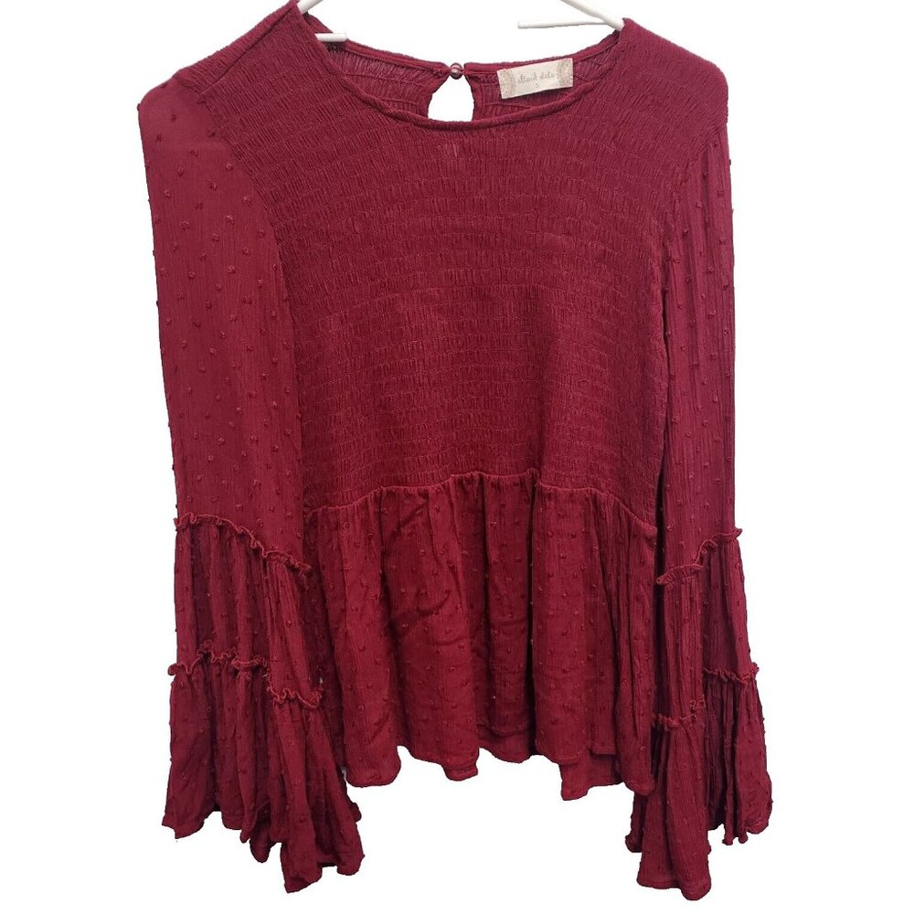 Altard State Womens BOHO Top Small Maroon Swiss Dot Smocked Bell Sleeve Casual